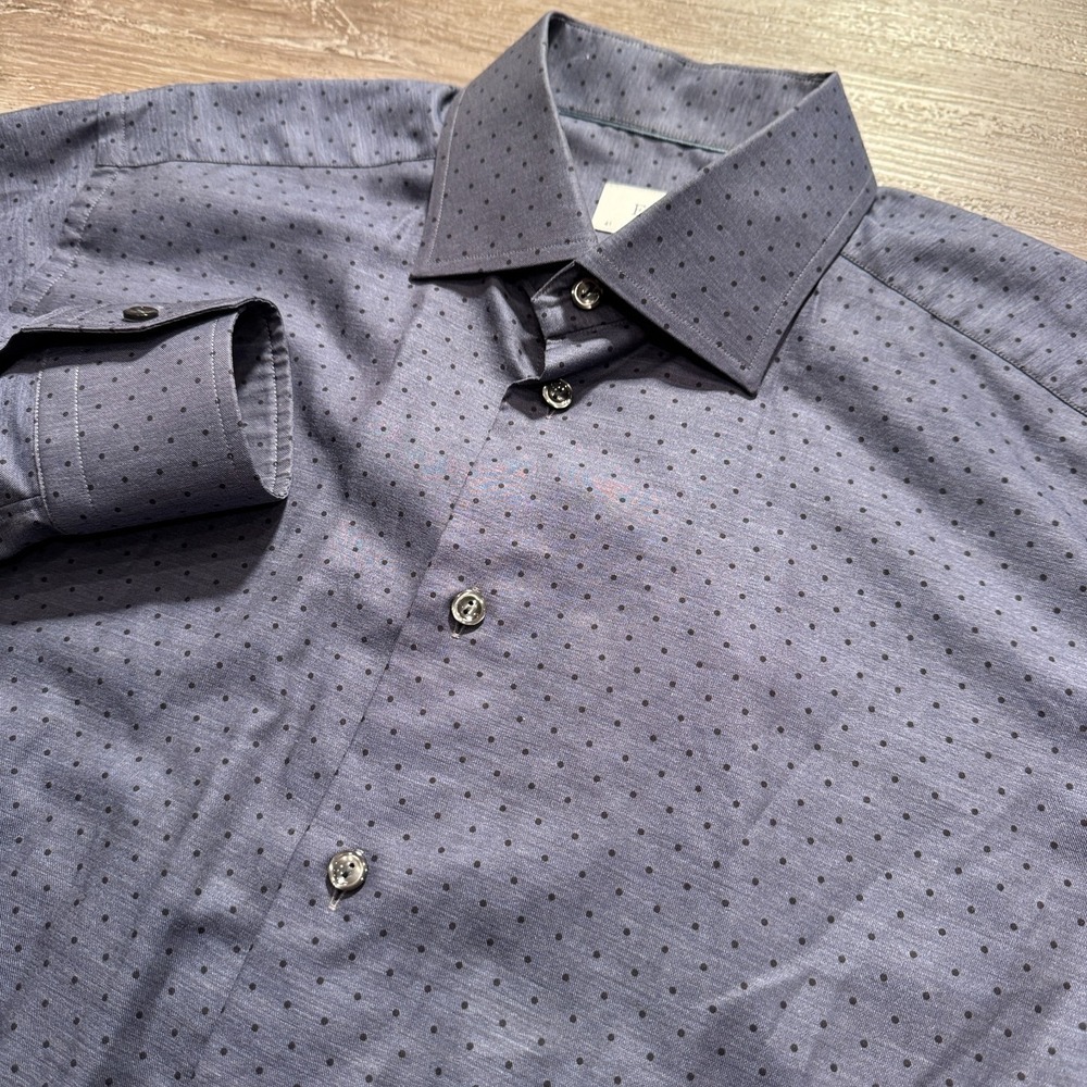Eton‎ Dress Shirt Mens 16 41 L Blue Polka Dot Cotton Contemporary Fit Business